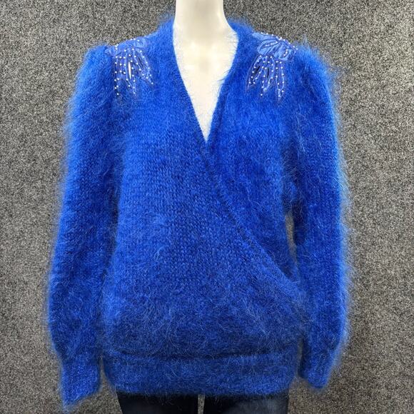 Vintage Blue Fuzzy Sweater Medium Beaded Embellished Artsy Dopamine Unique Cozy - Picture 1 of 11